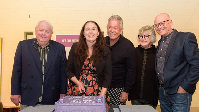 The cake is cut for the 30th birthday of the Grafton Regional Gallery by Gallery Foundation chairman Rod Watters, gallery director Niomi Sands, Ken Done, Friends of the Gallery chairman Heather brown and Cr Peter Ellem.