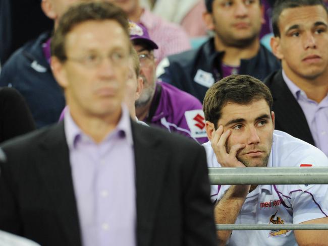 Cameron Smith watches the 2008 NRL Grand Final from the bench.