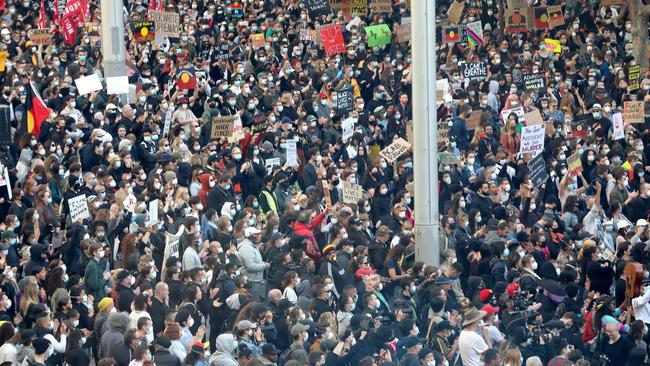 Thousands of people pictured outside Sydney Town Hall at the Stop All Black Deaths in Custody Protest. Picture: Damian Shaw