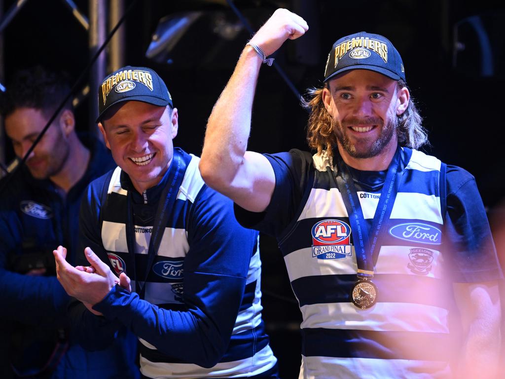 Cameron Guthrie of the Cats on stage after winning the 2022 AFL Grand Final, at Yarra Park on September 24, 2022 in Melbourne, Australia. Picture: Morgan Hancock