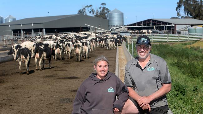 Justin and Stacee Staley on their dairy farm at Yarram. Picture: Yuri Kouzmin