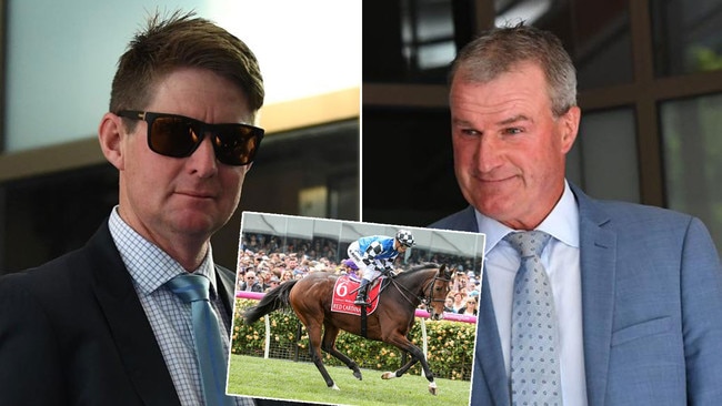 Jarrod McLean, left, and Darren Weir, right, after appearing in court on charges of cruelty to racehorses including Melbourne Cup runner Red Cardinal, inset. Pictures: AAP