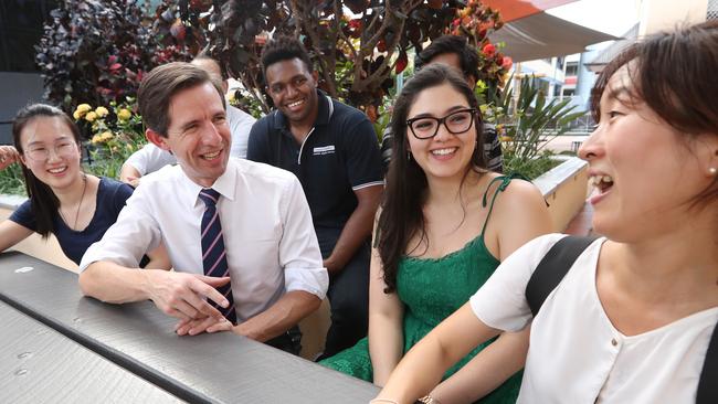 Education Minister Simon Birmingham meets international students at Spring Hill in Brisbane. Picture: Lyndon Mechielsen