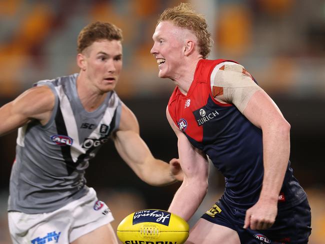 AFL Round 9. Melbourne vs Port Adelaide at the Gabba, Brisbane. 30/07/2020.  Clayton Oliver of the Demons     . Pic: Michael Klein