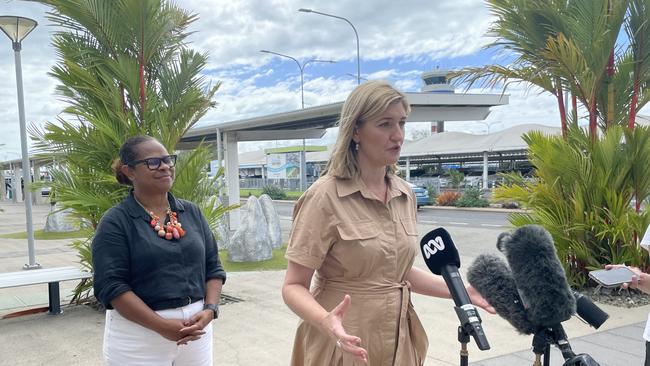 Health minister Shannon Fentiman and MP Cynthia Lui addressed the media at Cairns Airport ahead of a independent inquiry into the troubled Torres and Cape Hospital and Health Service in July. Picture: Kristina Puljak