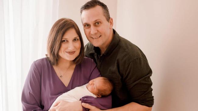 Jade Henschke and husband Tim and baby Patrick. Picture: Kate &amp; Co