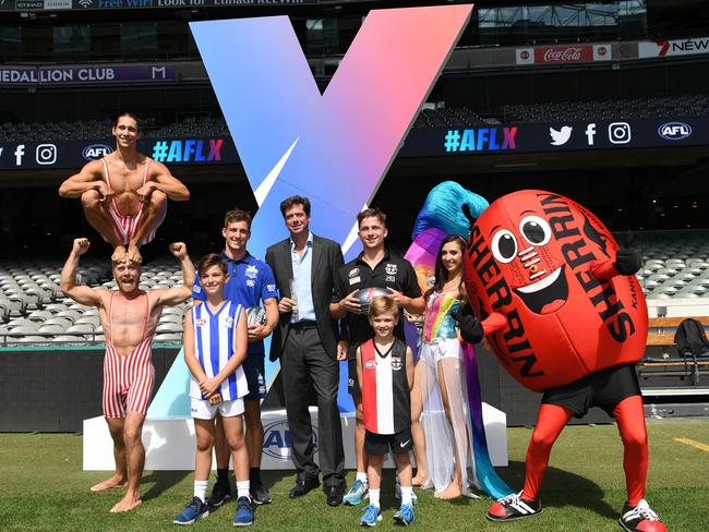 AFL chief executive Gillon McLachlan, North Melbourne’s Shaun Atley, St Kilda's Jack Billings and friends launch AFLX at Etihad Stadium.