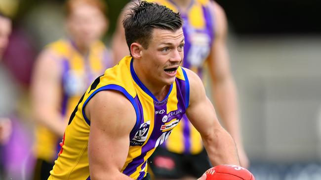 MELBOURNE, AUSTRALIA - MAY 19: Blake Watson of Sandringham runs with the ball during the 2024 VFL Round 08 match between Sandringham and Richmond at Trevor Barker Beach Oval on May 19, 2024 in Melbourne, Australia. (Photo by Josh Chadwick/AFL Photos)