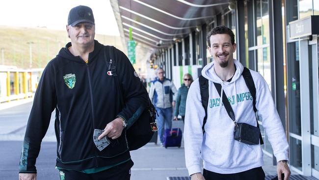 JackJumpers coach Scott Roth and Josh Adams leaving Hobart for Sydney. Picture: Chris Kidd