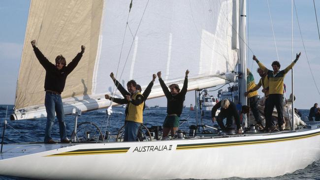 The crew of Australia II celebrate on board after winning the America's Cup in 1983. Picture: Getty Images