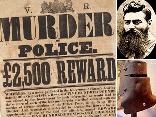 A wanted poster for the Kelly Gang following the murder of three policemen. Right: An image of Ned Kelly, and the helmet he wore at Glenrowan, which is now on display at the State Library of Victoria.