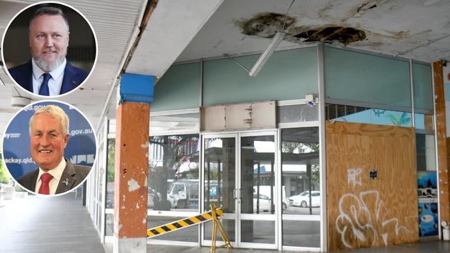 The entrance to the decrepit former Dimmeys Arcade in the aging Townsville CBD. Inset pictures are Cairns Deputy Mayor Brett Olds (top) and Mackay Mayor Greg Williamson who have shared their respective views on the recent respective successes with revitalising their own central-business districts: Picture: Evan Morgan