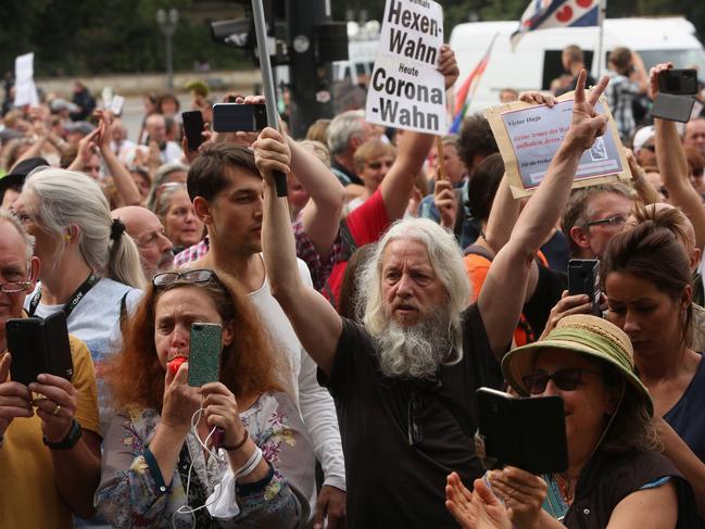 Protesters in Berlin take part in an unregistered demonstration against government coronavirus regulations. Picture: AFP