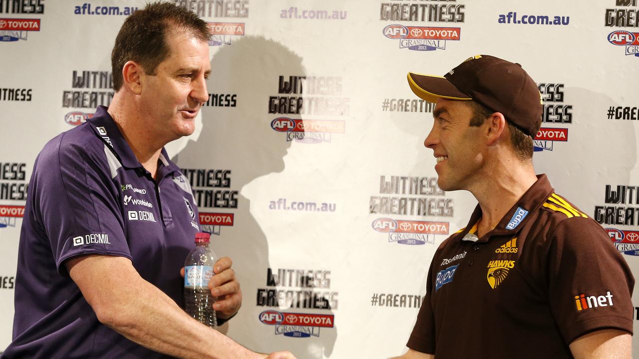 Ross Lyon and Alastair Clarkson after the 2013 Grand Final Parade.