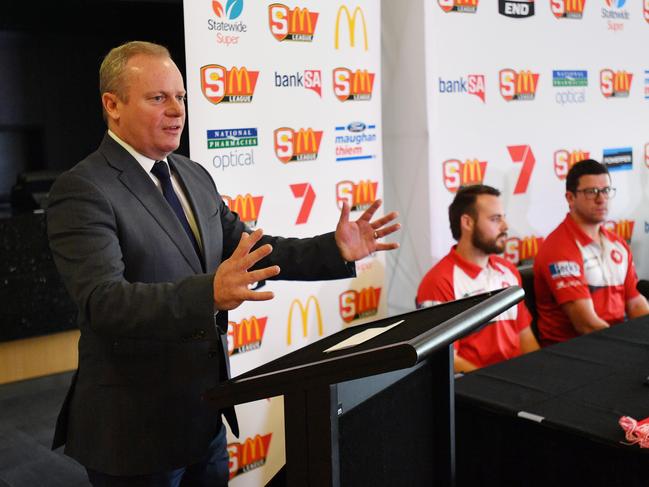 South Australian National Football League (SANFL) CEO Jake Parkinson speaks to the media at Adelaide Oval in Adelaide, Tuesday, September 18, 2018. The SANFL Tribunal ruling has upheld the result of Sunday's SANFL Preliminary Final between Woodville West Torrens Football Club and North Adelaide Football Club and imposed a fine of $10,000 against North Adelaide for fielding 19 players in the final quarter. (AAP Image/David Mariuz) NO ARCHIVING