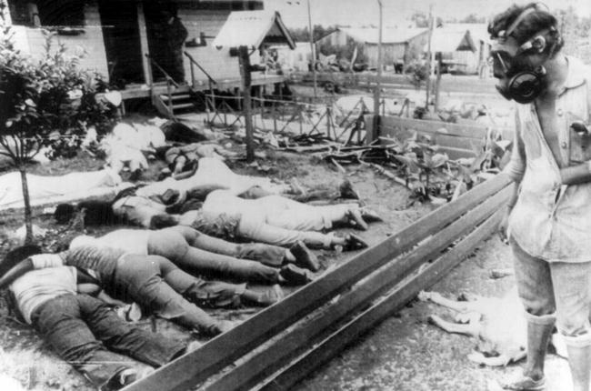 Person wearing gas mask views some of the dead bodies at the scene of mass suicide on November 18, 1978. Most of his followers took poison but some were shot.