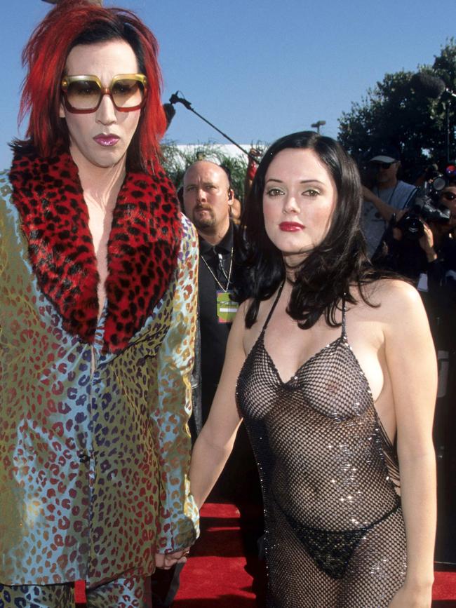 Rose McGowan, with Marilyn Manson, pioneered the ‘naked dress’. Picture: Getty Images