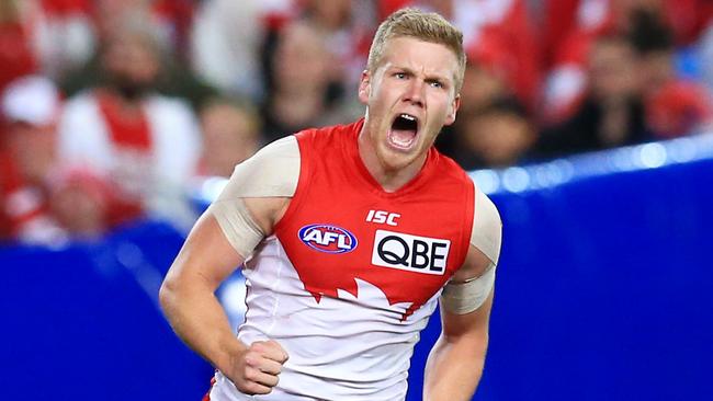 Sydney Swans' Dan Hannebery celebrates a goal during the Sydney Swans v North Melbourne Kangaroos AFL semi-final game at ANZ Stadium, Sydney Olympic Park. pic Mark Evans