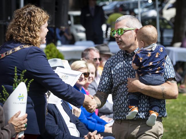 Hobart Lord Mayor Anna Reynolds congratulates a new Australian citizen at an Australia Day citizenship ceremony at the Sandy Bay in 2020. Picture: LUKE BOWDEN