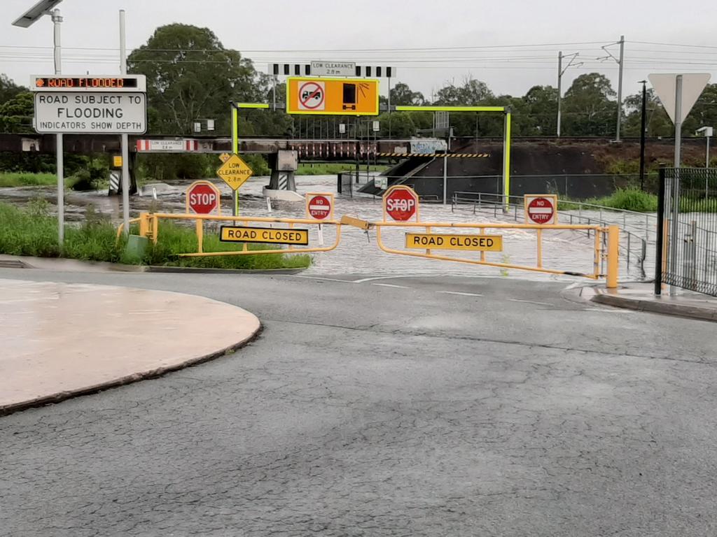 Roads closed behind Morayfield Shopping Centre after flooding. Picture: Erin Smith