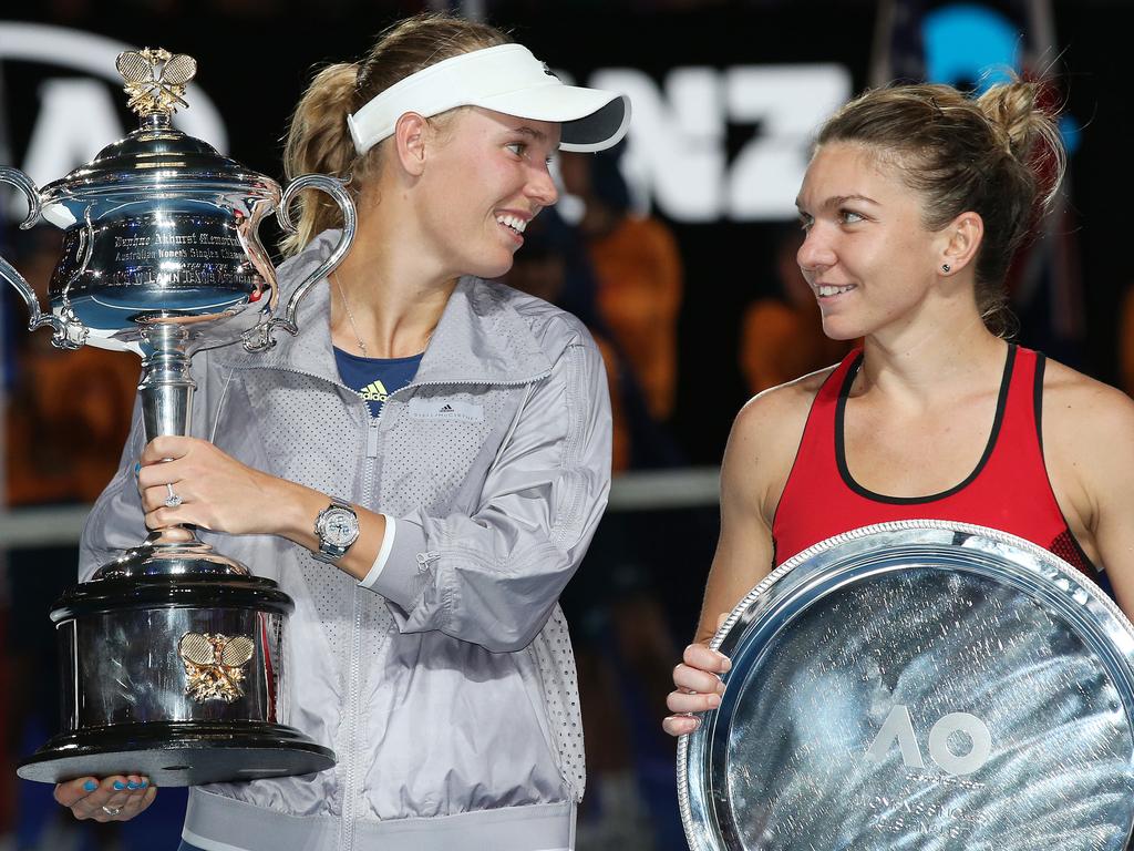 Wozniacki and Halep with their trophies.Pic: Michael Klein