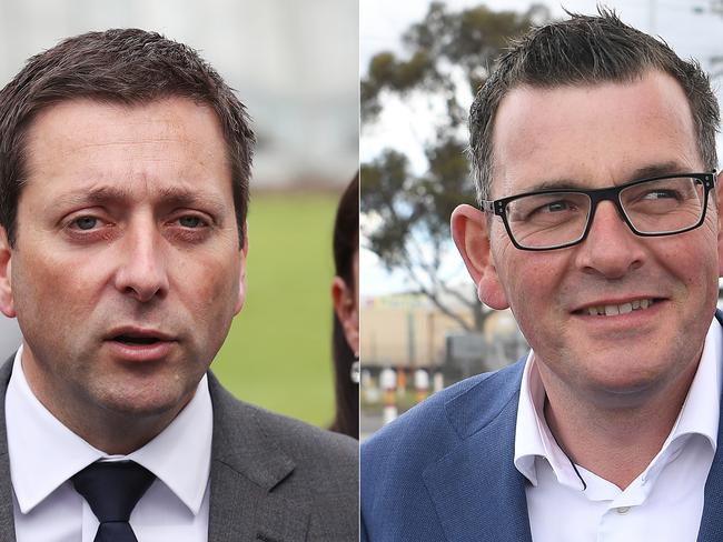 A composite image of Victorian Opposition Leader Matthew Guy (left) and Victorian Premier Daniel Andrews (right) during campaigning for the Victorian state election, Thursday, November 22, 2018. (AAP Image/David Crosling, Julian Smith) NO ARCHIVING