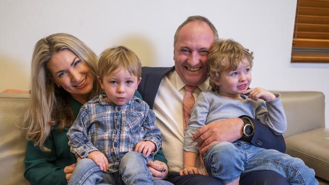 Barnaby Joyce, Vikki Campion and their children, Sebastian and Thomas in his office at Parliament House in Canberra. Picture: NCA NewsWire / Martin Ollman