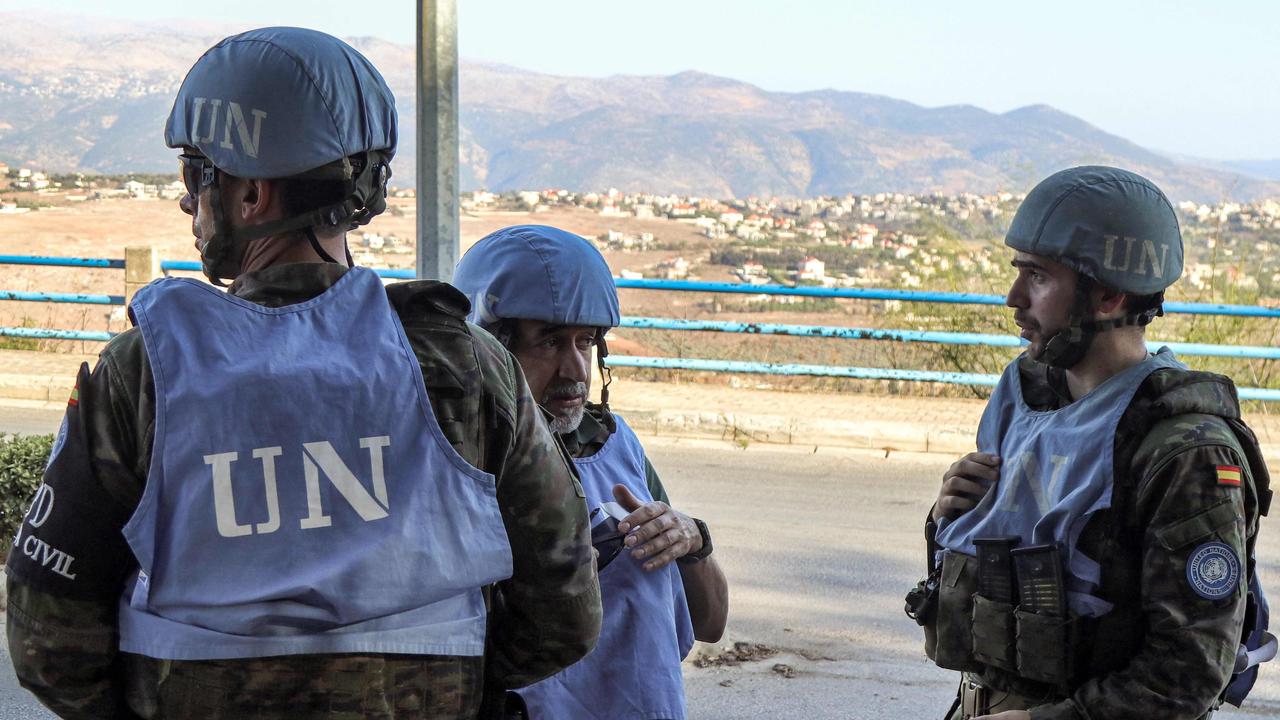 Spanish peacekeepers of the United Nations Interim Force in Lebanon (UNIFIL) coordinate their patrol with the Lebanese Military Police, in Marjayoun in south Lebanon. Picutre: AFP