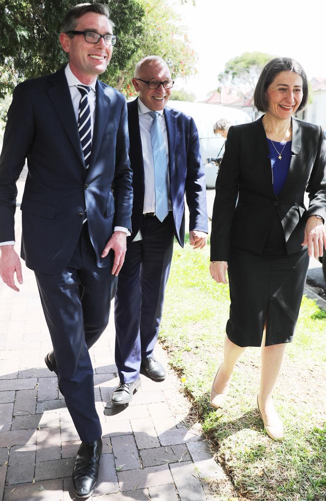 Premier Gladys Berejiklian, Treasurer Dominic Perrottet (left) and Finance and Small Business Minister Damien Tudehope (centre) at an announcement on housing affordability. Picture: John Grainger