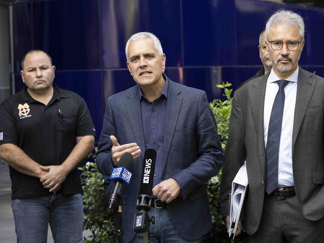 TWU National Secretary Michael Kaine (centre) with Maurice Blackburn Lawyers Principal Josh Bornstein (right) when the court action was announced. Picture: NCA NewsWire / Ian Currie