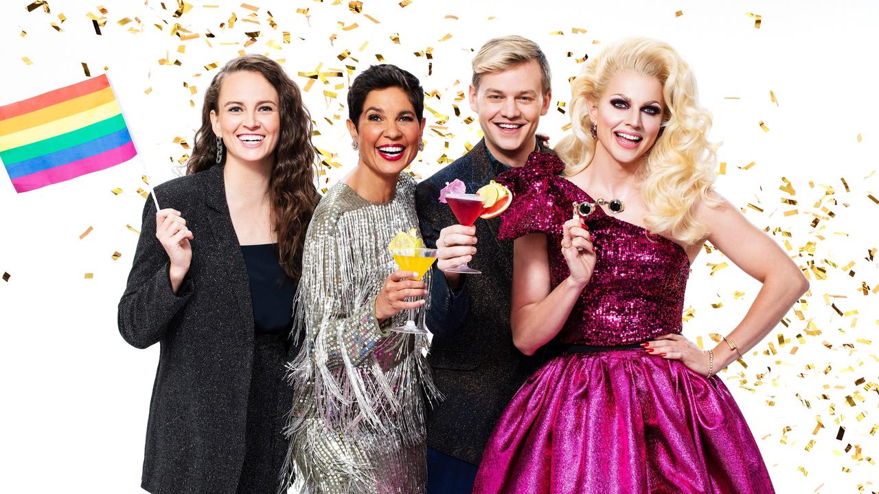 L-R: Zoë Coombs Marr, Narelda Jacobs, Joel Creasey and Courtney Act will host SBS’s live coverage of this year’s Sydney Gay and Lesbian Mardi Gras. Picture: SBS-TV