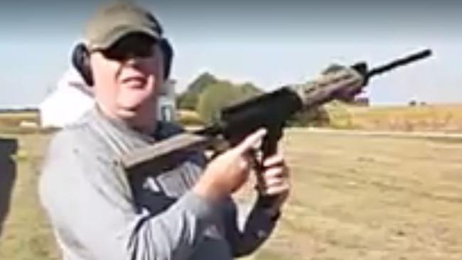 A screen grab off a Facebook video by Andy Huebschmann - "Slide Fire stock on a Thureon Defense 9mm carbineHaving a little product testing fun. "Working" with a Thureon Defense carbine and Slide Fire stock. Runs GREAT!"