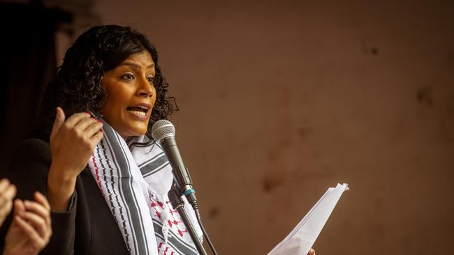 Greens candidate for Wills Samantha Ratnam speaks at a Pro Palestine Rally in Melbourne, Victoria in 2024. Picture: NewsWire / Tamati Smith.