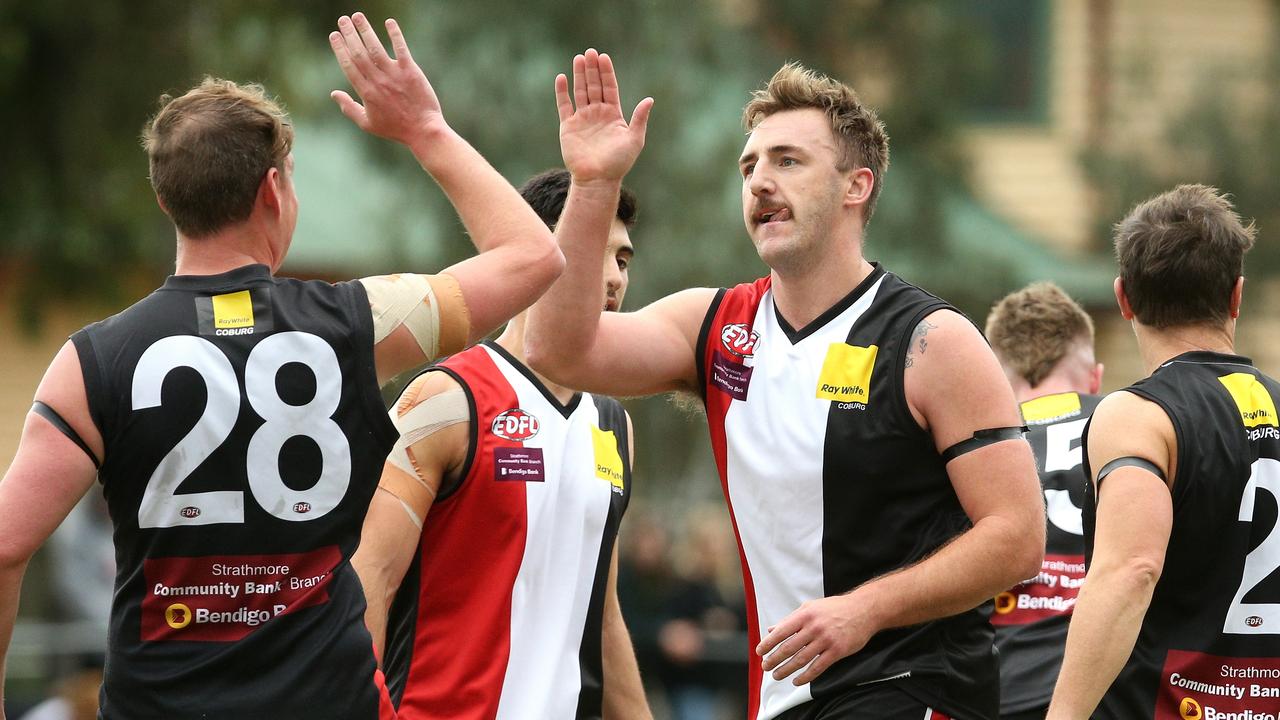 Essendon District: Lynden Dunn celebrates a goal for West Coburg against Hillside. Picture: Hamish Blair