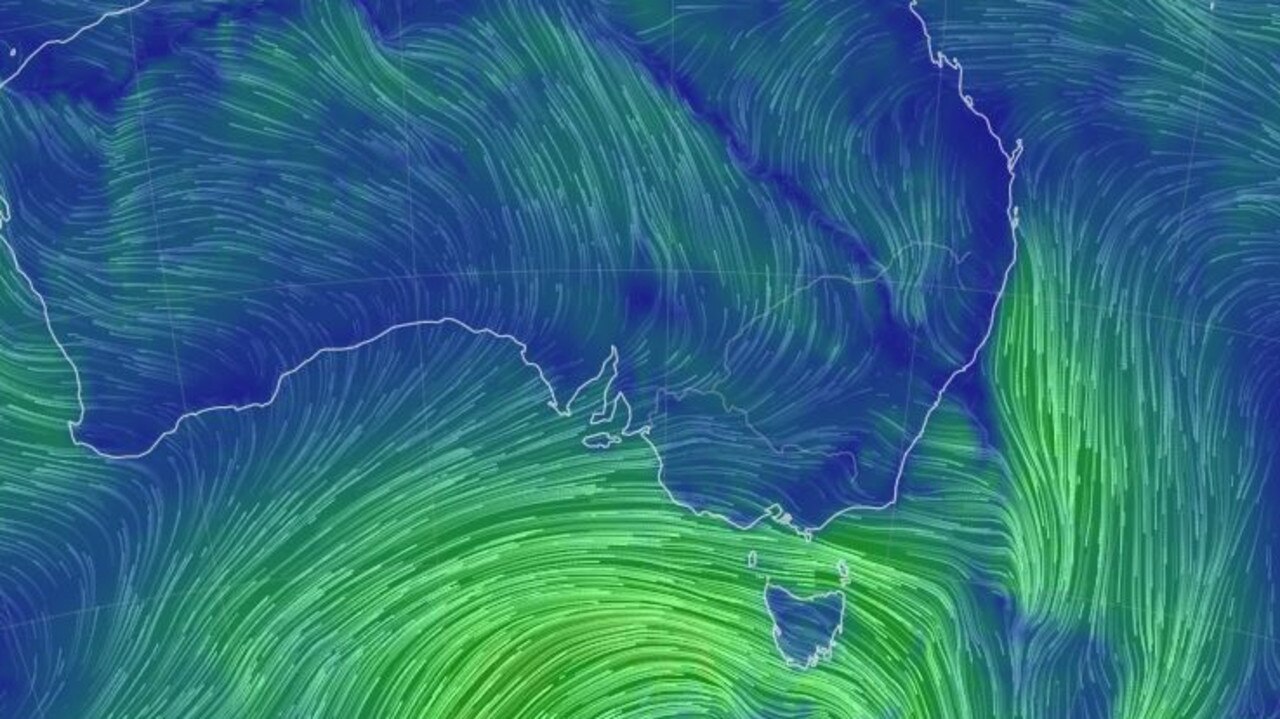 Damaging winds will batter parts of NSW, Victoria and Tasmania from Tuesday. Picture: Earth.nullschool.net