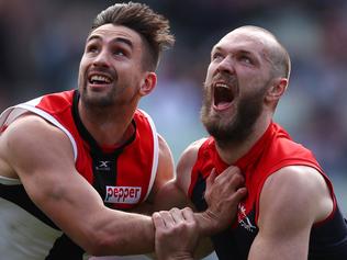 AFL Round 21. Melbourne v St Kilda at the MCG. Melbourne's Max Gawn and St Kilda's Billy Longer boundary throw in   . Pic: Michael Klein