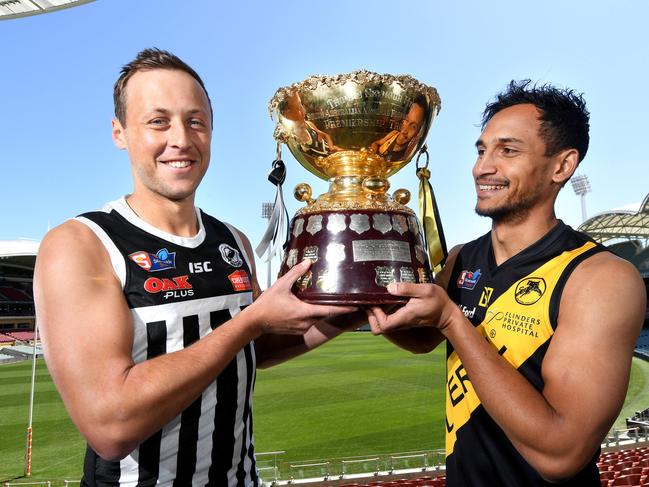 HOLD FOR FRIDAY'S PAPER .  SANFL grand final presser. Port Adelaide Captain Cam Suttcliffe and Glenelg Vice Captain Marlon Motlop at Adelaide Oval. Picture: Tricia Watkinson