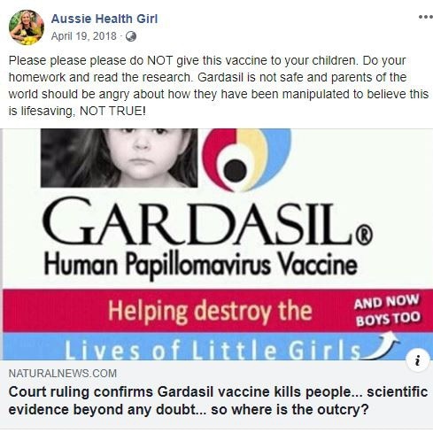 Facebook post made by Mona Hecke regarding the Gardasil HPV vaccine.