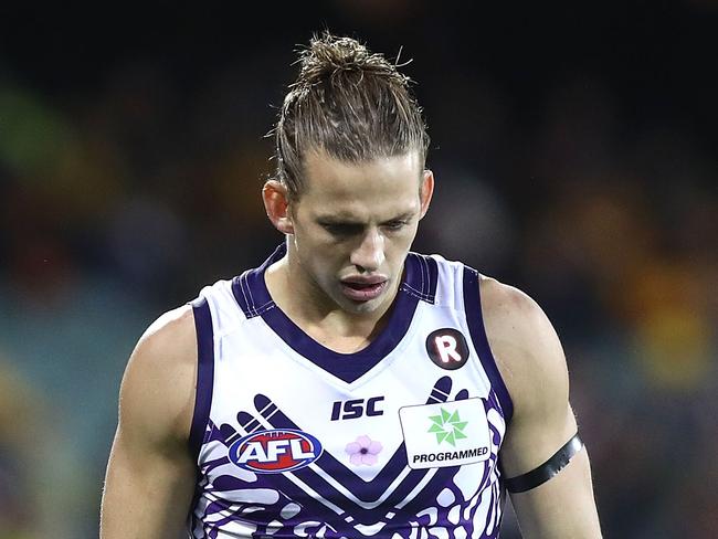 ADELAIDE, AUSTRALIA - MAY 27:  Nat Fyfe of the Dockers looks dejected during the round 10 AFL match between the Adelaide Crows and the Fremantle Dockers at Adelaide Oval on May 27, 2017 in Adelaide, Australia.  (Photo by Ryan Pierse/Getty Images)