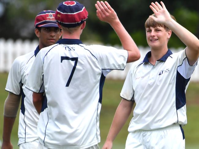 TSS bowler Cameron Sinfield celebrates a wicketGPS First XI match between Nudgee College and TSS. Saturday February 3, 2024. Picture, John Gass