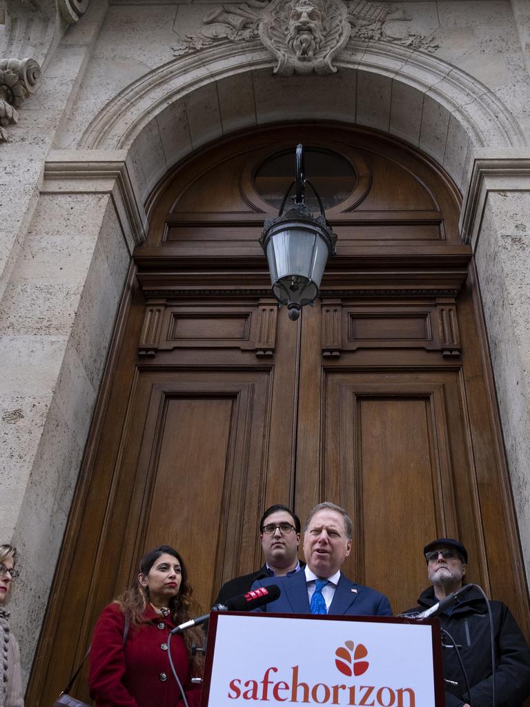 US Attorney Geoffrey Berman speaks at an event held by Safe Horizon, a non-profit victim services agency, in front of Jeffrey Epstein's Manhattan residence on Monday, January 27, 2020, in New York. Picture: AP Photo/Craig Ruttle.