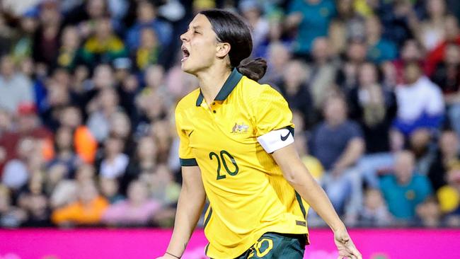 Australia's captain Sam Kerr reacts during the women's football friendly match between Australia and the US at McDonald Jones Stadium in Newcastle on November 30, 2021. (Photo by DAVID GRAY / AFP) / -- IMAGE RESTRICTED TO EDITORIAL USE - STRICTLY NO COMMERCIAL USE --