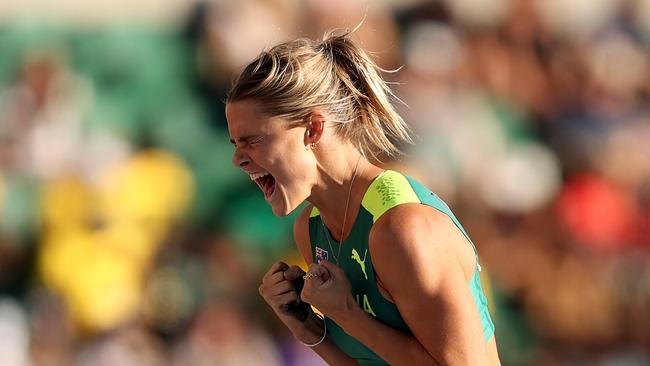 EUGENE, OREGON - JULY 17: Nina Kennedy of Team Australia celebrates in the Women's Pole Vault Final day three of the World Athletics Championships Oregon22 at Hayward Field on July 17, 2022 in Eugene, Oregon. (Photo by Ezra Shaw/Getty Images)