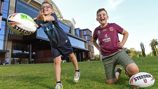 Jordan Coleman and Jakob Rourke can't wait to attend Wednesday night's State of Origin game at Adelaide Oval. Picture: Tom Huntley