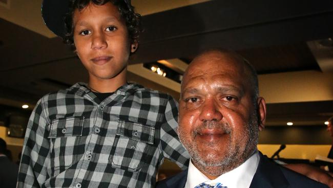 Noel Pearson, founder of the Cape York Institute for Policy and Leadership, with young Cape York boy Kian Woibo, the National Press Club in Canberra.