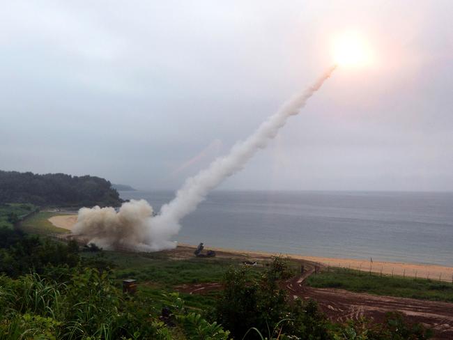 The US Army Tactical Missile System fires a missile into the East Sea during a South Korea-US joint missile drill. Picture: South Korean Defence Ministry via Getty Images