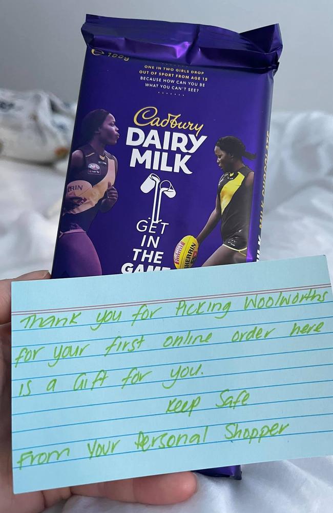 Another woman also shared a Cadbury block she received for placing her first order. The random acts of kindness are part of Woolies’ Good Acts program. Picture: Facebook