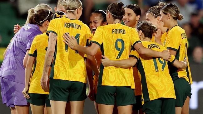 PERTH, AUSTRALIA - NOVEMBER 01: The Matildas form a huddle during the AFC Women's Asian Olympic Qualifier match between Australia and Chinese Taipei at HBF Park on November 1, 2023 in Perth, Australia. (Photo by Will Russell/Getty Images)
