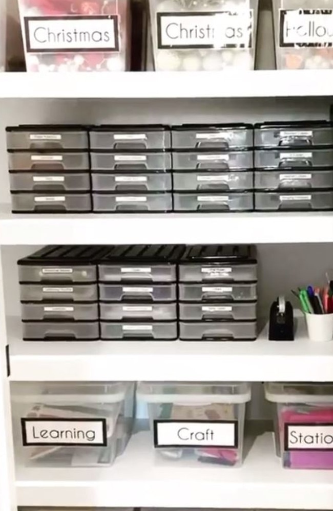 She used clear, plastic storage container costing $9.50 each and stationary drawers for $15. Picture: Instagram/OurOrganisedAbode