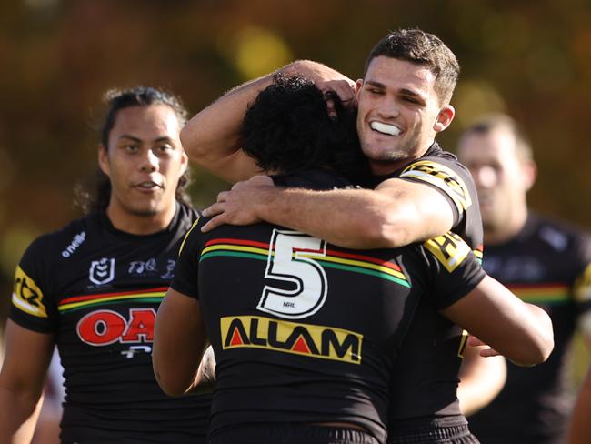 Nathan Cleary celebrates with Brian To'o after a Panthers try. Picture: Matt Blyth/Getty Images